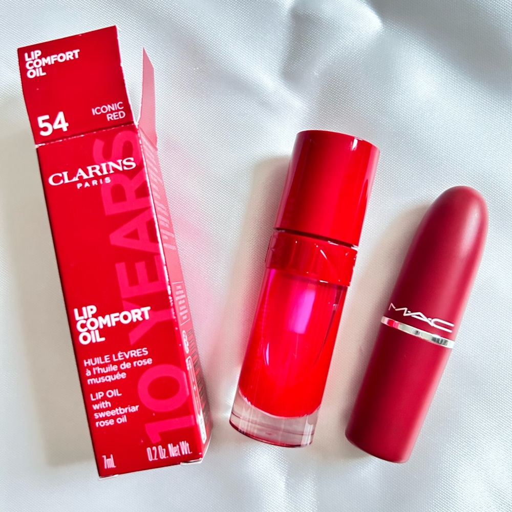 Clarins lip oil & Mac retro matte lipstick. 707 Ruby woo.